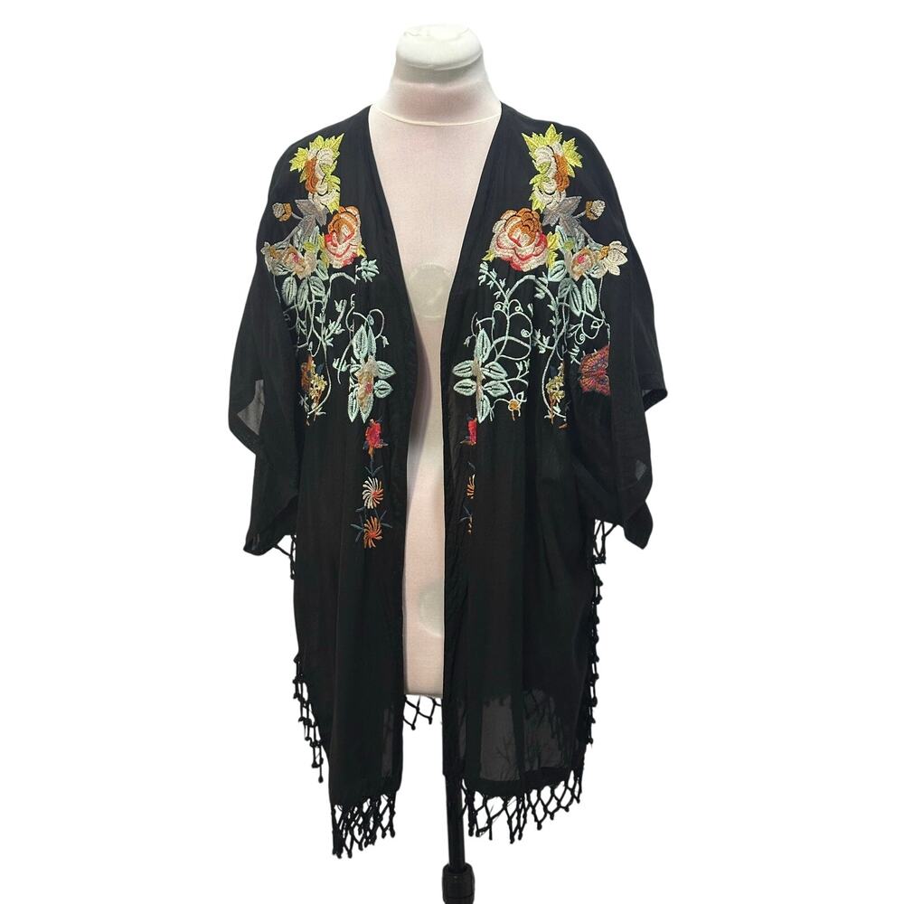 JOHNNY WAS Embroidered Floral Butterfly Kimono Cardigan SMALL Flowy Boho Hippie